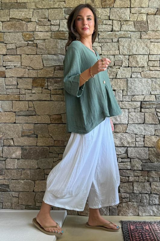 Andi Basket Linen Blend Top Khaki